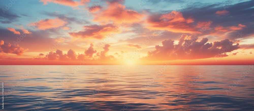 A beautiful sunset scene over the ocean with dramatic clouds in the sky and reflecting on the calm water A beautiful sunset scene over the ocean with dramatic clouds in the sky and reflecting on the calm water
