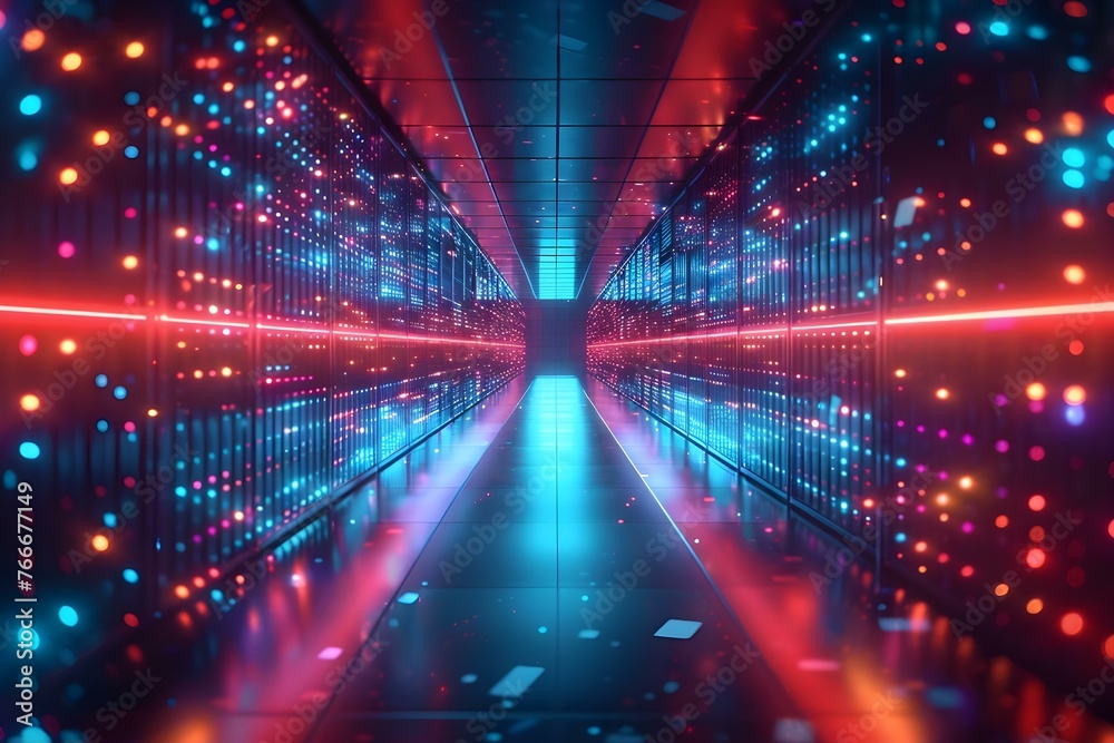 Abstract digital tunnel with neon lights representing a highspeed internet network in a data center. Concept Cybersecurity, Data Storage, Internet Technology, Digital Networks, Illuminated Tunnels Abstract digital tunnel with neon lights representing a highspeed internet network in a data center. Concept Cybersecurity, Data Storage, Internet Technology, Digital Networks, Illuminated Tunnels