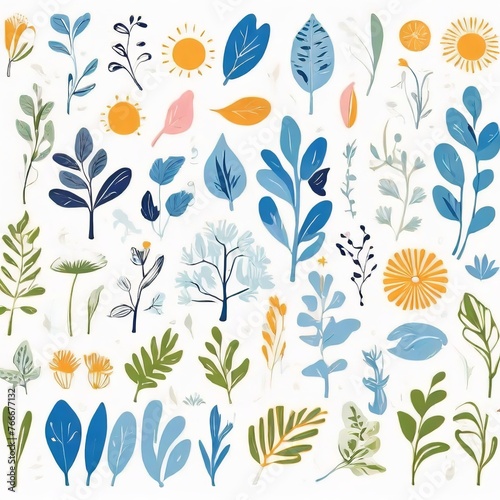 A collection of seamless pattern, colorful abstract plants and flowers. Hand drawn Collection of leaves and flowers. A close up of a pattern of flowers and leaves.
