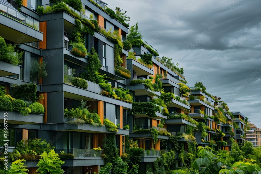 Image shows sustainable urban community with green spaces promoting ecofriendly living and reducing carbon footprint. Concept Eco-friendly Living, Sustainable Urban Community, Green Spaces