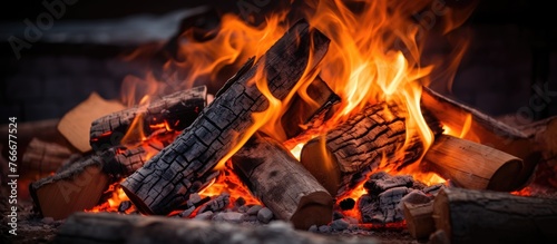 Flames are actively burning in a fireplace among various pieces of wood and logs