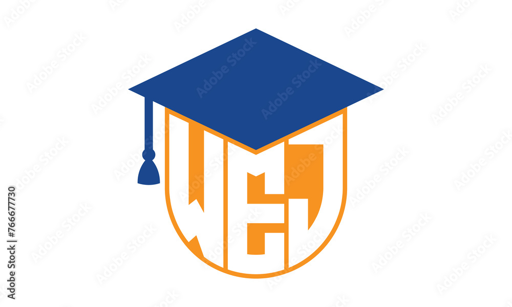 WEJ initial letter academic logo design vector template. school college logo, university logo, graduation cap logo, institute logo, educational logo, library logo, teaching logo, book shop, varsity - obrazy, fototapety, plakaty 