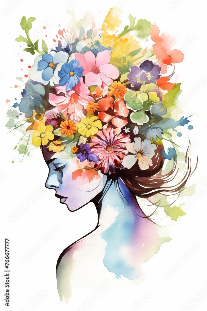 A creative watercolor painting of a woman adorned with flowers in her hair