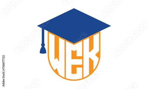 WEK initial letter academic logo design vector template. school college logo, university logo, graduation cap logo, institute logo, educational logo, library logo, teaching logo, book shop, varsity