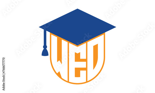 WEO initial letter academic logo design vector template. school college logo, university logo, graduation cap logo, institute logo, educational logo, library logo, teaching logo, book shop, varsity