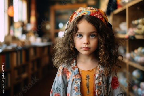 Portrait of a cute little girl with curly hair in a turban in a cafe