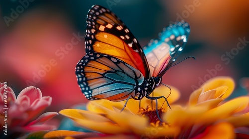 Beautiful butterfly on flower petals in colorful and highly detailed illustration. It can be used in lessons about insects, flowers, nature in books or use as wallpaper mobile phone screen, computer. © Chanawat