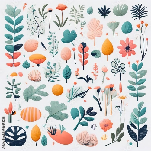 A collection of seamless pattern, colorful abstract plants and flowers. Hand drawn Collection of leaves and flowers. A close up of a pattern of flowers and leaves.
