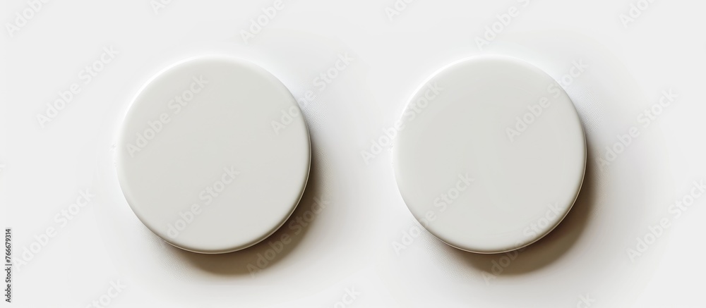 Design idea - aerial image of two white badges at the front and back isolated on a white background for mockup purposes, an authentic photograph and not a Design idea - aerial image of two white badges at the front and back isolated on a white background for mockup purposes, an authentic photograph and not a