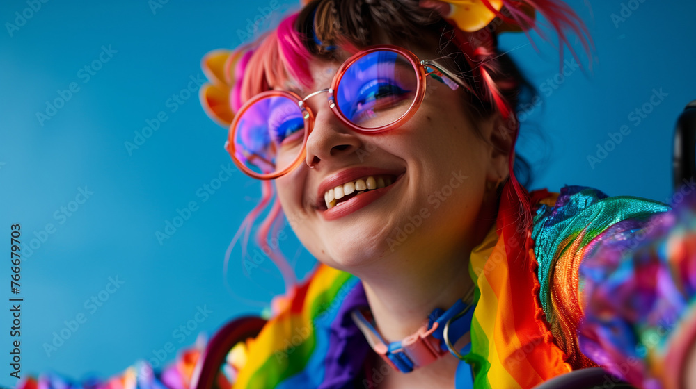Happy disabled smiling lesbian woman in wheelchair with rainbow flag outfit for pride month festival celebration. inclusion diversity & LGBTQ+ disability representation. Plain background Copy space
