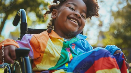 Happy young disabled black afro girl in wheelchair with rainbow flag during pride month. Child with mobility disability celebrating gay pride festival parade. Diverse equality inclusion. Copy space 
