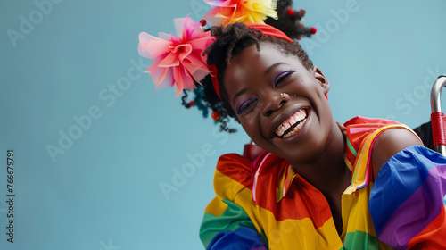 Happy disabled african american gay black woman in wheelchair wearing fashionable rainbow pride outfit, Workplace inclusion & diveristy. Disability & ethnic representation LGBTQ+. Copy space photo