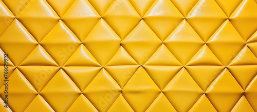 Close-up view of a vibrant yellow leather wall featuring an intricate pattern of triangles  adding a modern touch to the decor