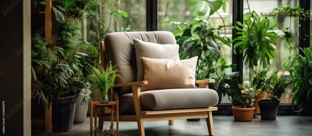 Capture a detailed shot of a chair adorned with a cozy cushion and a lush potted plant for a serene home decor concept