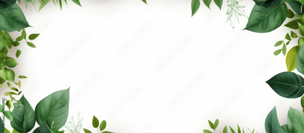 Fototapeta premium A rectangular frame of green plant leaves, resembling a twig grass family, set against a white background. It creates an atmospheric phenomenon in the landscape, perfect for daytime events