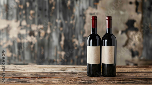 Wine Bottle Mock-Up Composition with Two Wine Bottles Standing Side by Side on a Rustic Wooden Table - Aged Woods and Vintage Textured Wall in the Background - Blank Label on Bottles - Rich and Moody