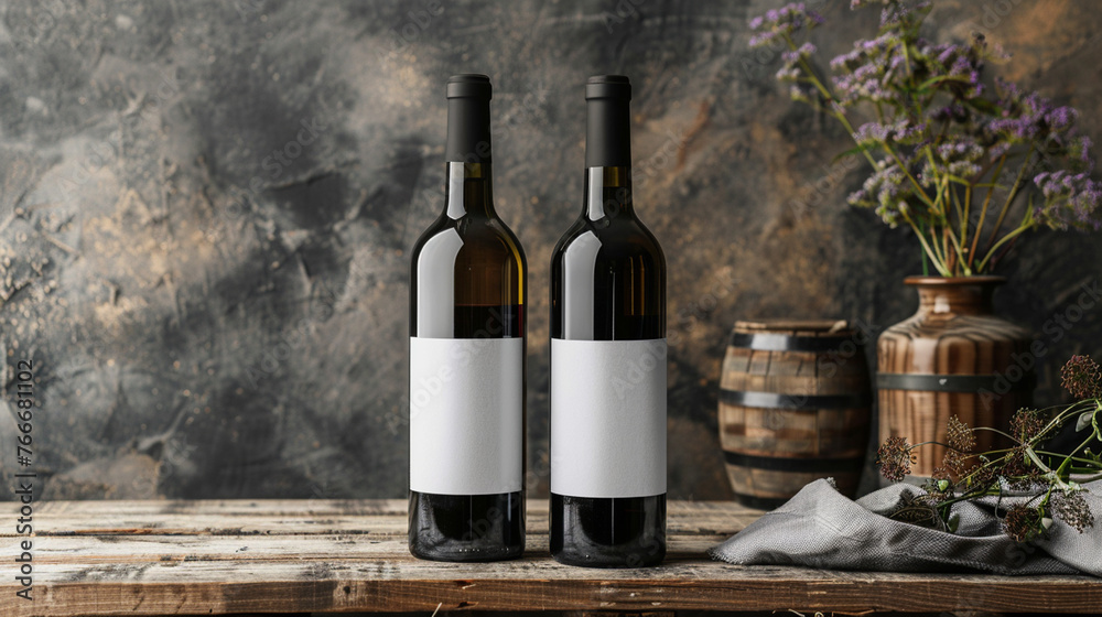 Wine Bottle Mock-Up Composition with Two Wine Bottles Standing Side by Side on a Rustic Wooden Table - Aged Woods and Vintage Textured Wall in the Background - Blank Label on Bottles - Rich and Moody