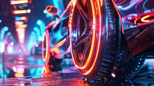 Close up, car wheels and neon lights, high speed concept hi-tech technology beautiful future 