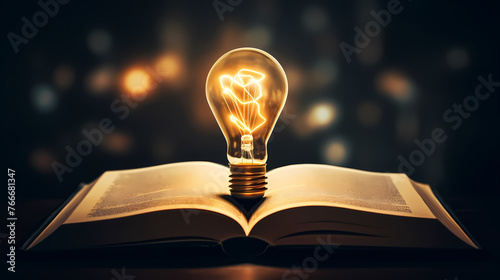 Glowing light bulb on book, reading inspiration concept, innovation idea photo
