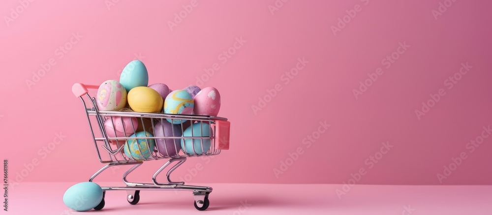 Shopping cart filled with Easter eggs on a pink backdrop with empty space. Easter shopping and discounts. - obrazy, fototapety, plakaty 