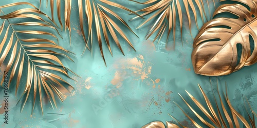 Palm leaves frame on turquoise and gold background, for wallpaper and product display
