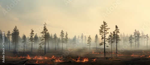 Multiple trees engulfed in flames burn fiercely in an open field, generating thick clouds of smoke © TheWaterMeloonProjec