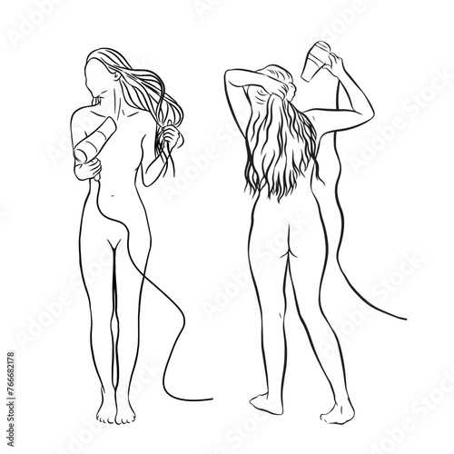 Naked women drying their hair with a hairdryer with front and back poses. Illustration with contours only isolated on transparent background.