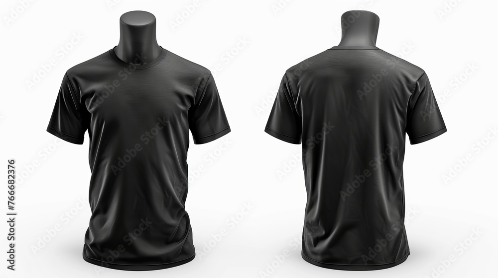 A men's black blank t-shirt template shown from two sides on an invisible mannequin, designed for print mockups, isolated against a white background A men's black blank t-shirt template shown from two sides on an invisible mannequin, designed for print mockups, isolated against a white background