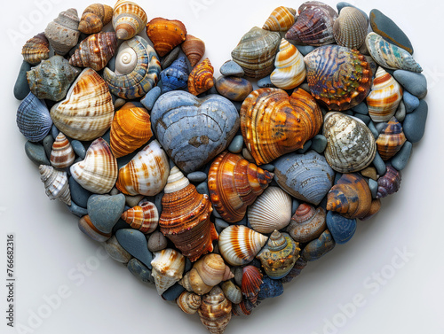 Seashell Mosaic: Coastal Heart Made of Diverse Sea Shells and Pebbles