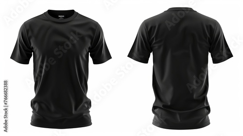 A men's black blank t-shirt template shown from two sides on an invisible mannequin, designed for print mockups, isolated against a white background