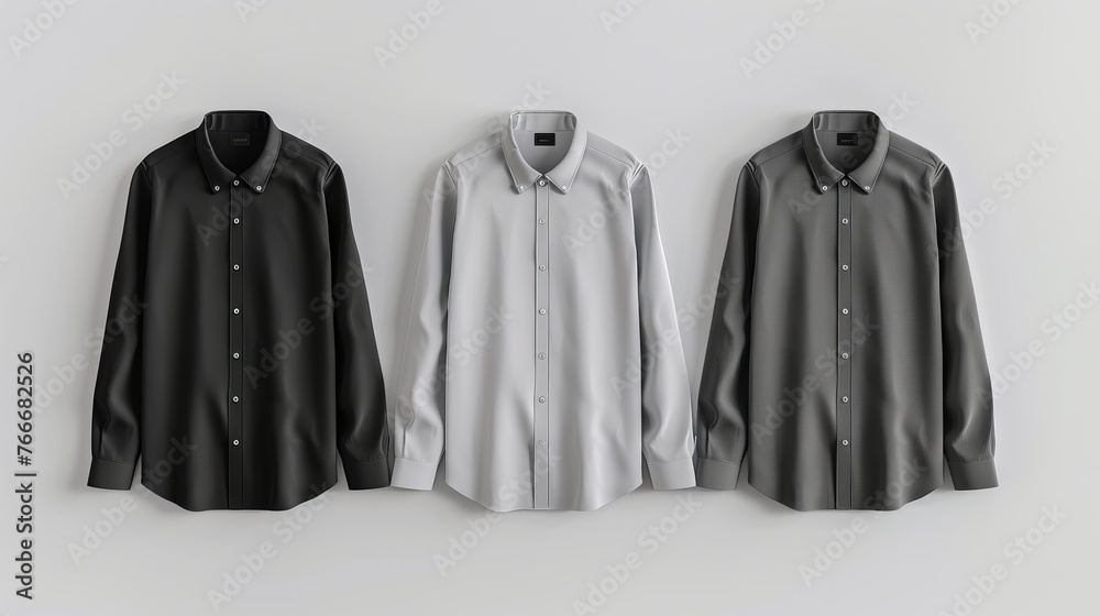 A set of shirt mockups in black, gray, and white versions, presented from the front for design applications A set of shirt mockups in black, gray, and white versions, presented from the front for design applications