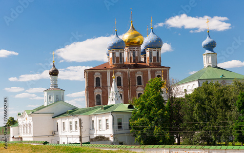 General view of complex of architectural monuments of Ryazan Kremlin located on hill in Russian city of Ryazan