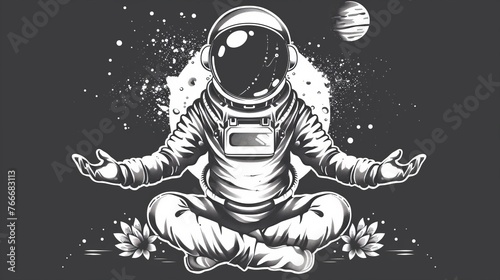 An astronaut in a lotus position tattoo art, symbolizing meditation, harmony, and yoga, also suitable for unique t-shirt designs