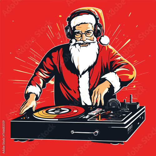 Santa Claus dj with vinyl turntable. Christmas musi