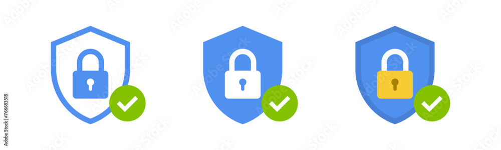 Shield lock check mark icon or security shield protection icon with padlock tick symbol Shield lock check mark icon or security shield protection icon with padlock tick symbol
