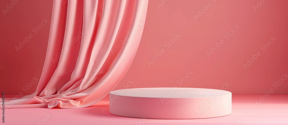 Empty geometric pedestal with fabric cloth hanging on pink backdrop, used for showcasing products like cosmetics and perfumes. Empty geometric pedestal with fabric cloth hanging on pink backdrop, used for showcasing products like cosmetics and perfumes.