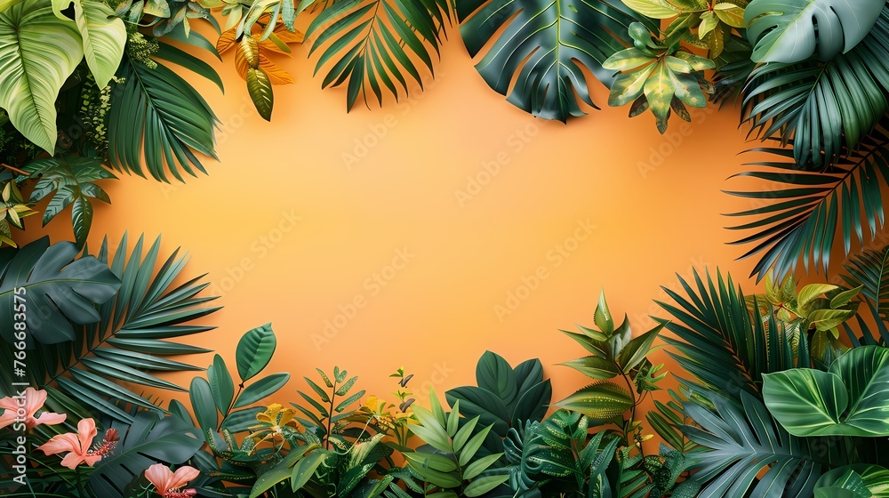Fototapeta premium Realistic lush green palm leaves frame or border on yellow background, illustration for background, wallpaper, invitation and greeting card