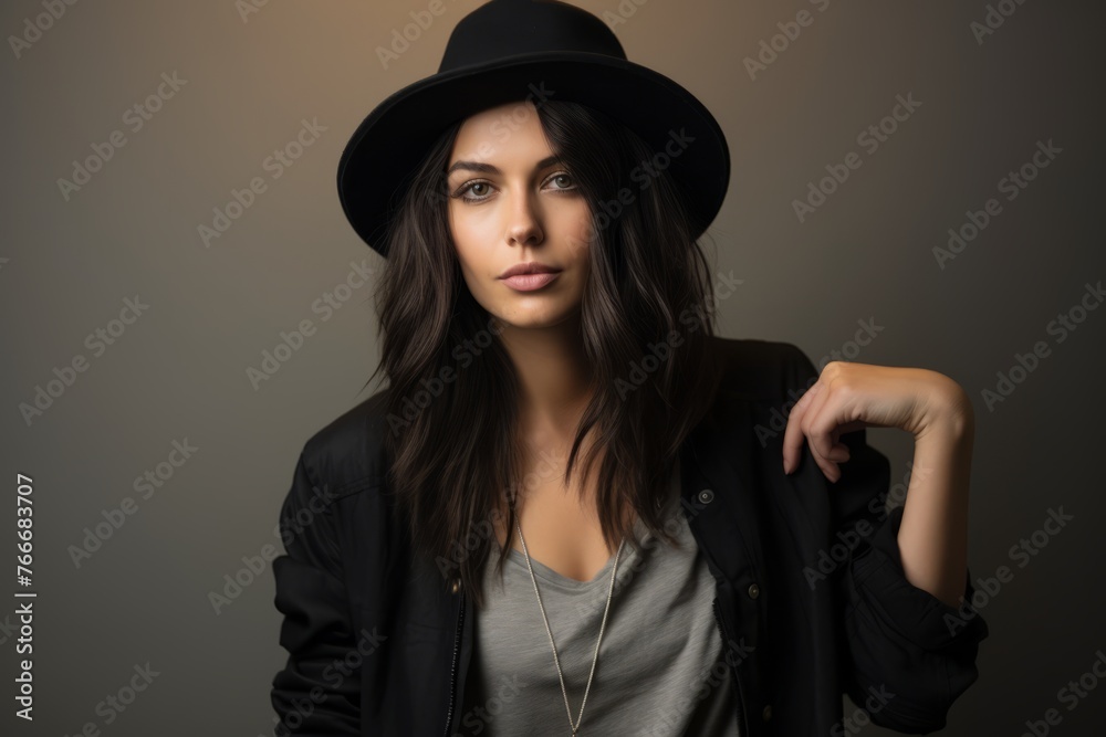 Fashionable brunette woman in black hat and jacket. Studio shot. Fashionable brunette woman in black hat and jacket. Studio shot.
