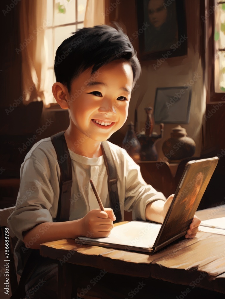 Asian high school teenage boy student with a gadget in his hands. smartphone or tablet for online learning