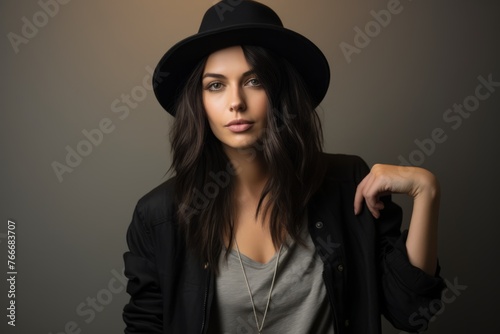 Fashionable brunette woman in black hat and jacket. Studio shot. © Asier