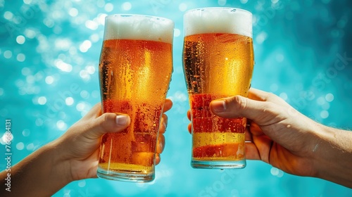 Close-up of two foamy glasses of beer in hands on blue background