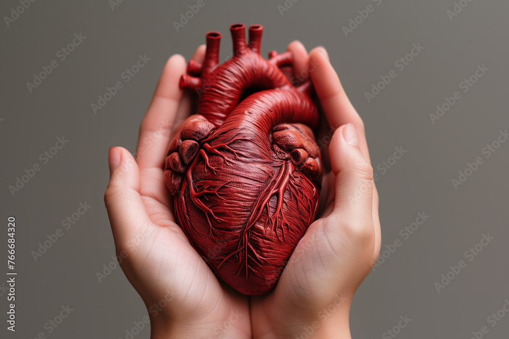 心臓のモデルを持つ女性の手「AI生成画像」 - obrazy, fototapety, plakaty 