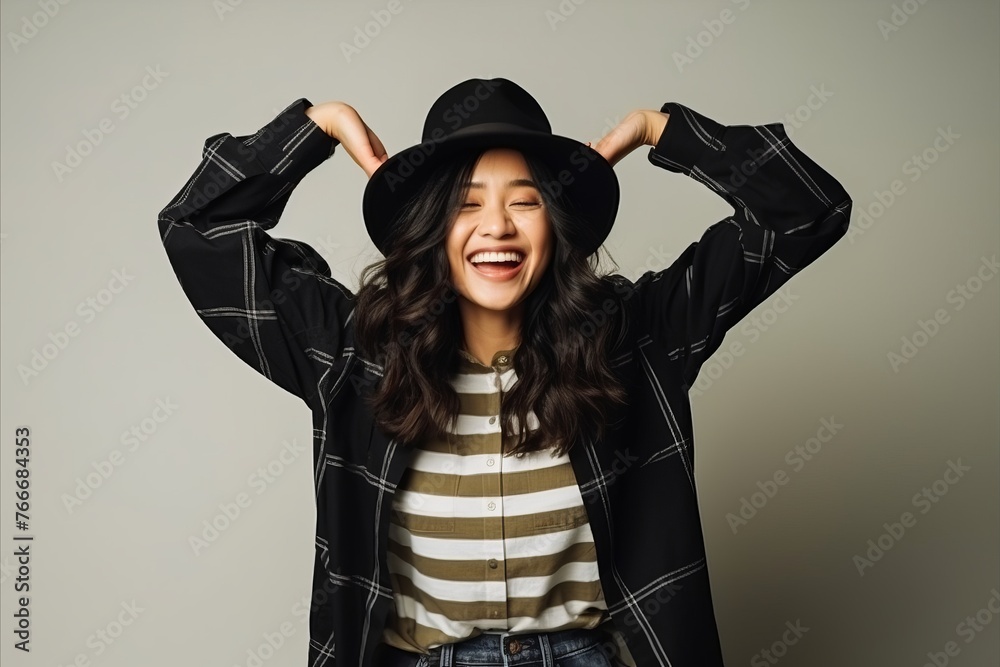Portrait of a beautiful young asian woman in hat and coat Portrait of a beautiful young asian woman in hat and coat