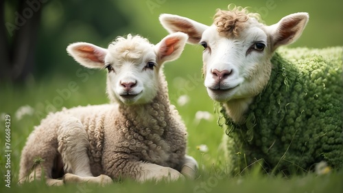 In a peaceful, verdant field, a charming lamb displays its adoration by cuddling with its devoted mother.