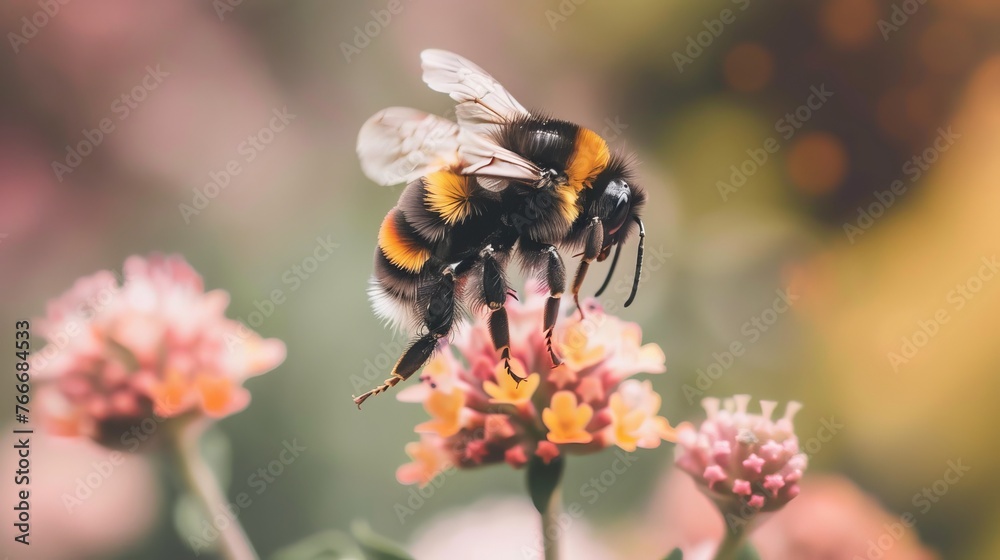 A macro shot of a bumblebee hovering over a flower AI generated illustration A macro shot of a bumblebee hovering over a flower AI generated illustration