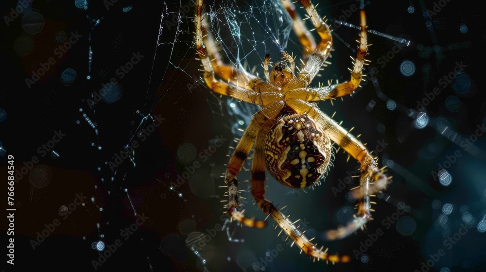 A macro shot of a spider hanging from its silk thread AI generated illustration A macro shot of a spider hanging from its silk thread AI generated illustration