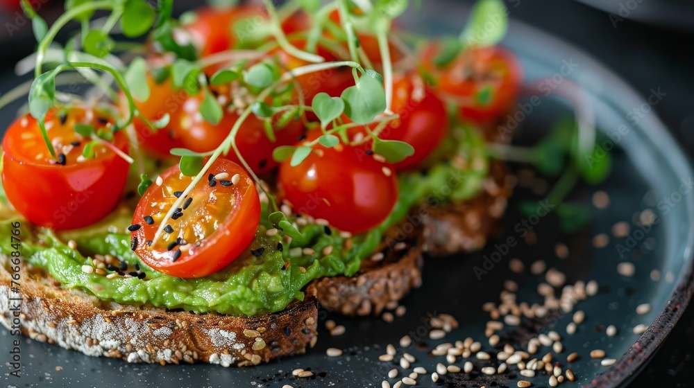 Avocado Toast Elegance A close-up shot of elegantly plated avocado toast topped with cherry tomatoes microgreens and a sprinkle AI generated illustration Avocado Toast Elegance A close-up shot of elegantly plated avocado toast topped with cherry tomatoes microgreens and a sprinkle AI generated illustration