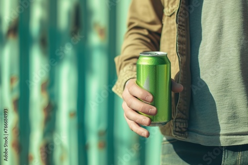 man holding a green can on a background of light green wall