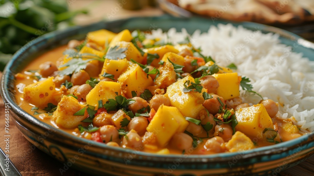 Exotic Mango Coconut Curry A cinematic view of an exotic mango coconut curry featuring tender tofu or chickpeas simmered in a c AI generated illustration Exotic Mango Coconut Curry A cinematic view of an exotic mango coconut curry featuring tender tofu or chickpeas simmered in a c AI generated illustration