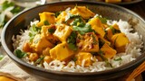 Exotic Mango Coconut Curry A professional photograph capturing an exotic mango coconut curry featuring tender tofu or chickpeas AI generated illustration